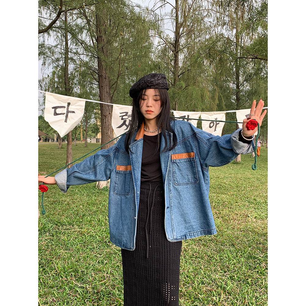 Plus Size Denim Jacket – Loose Fit Lapel Style in Denim Blue