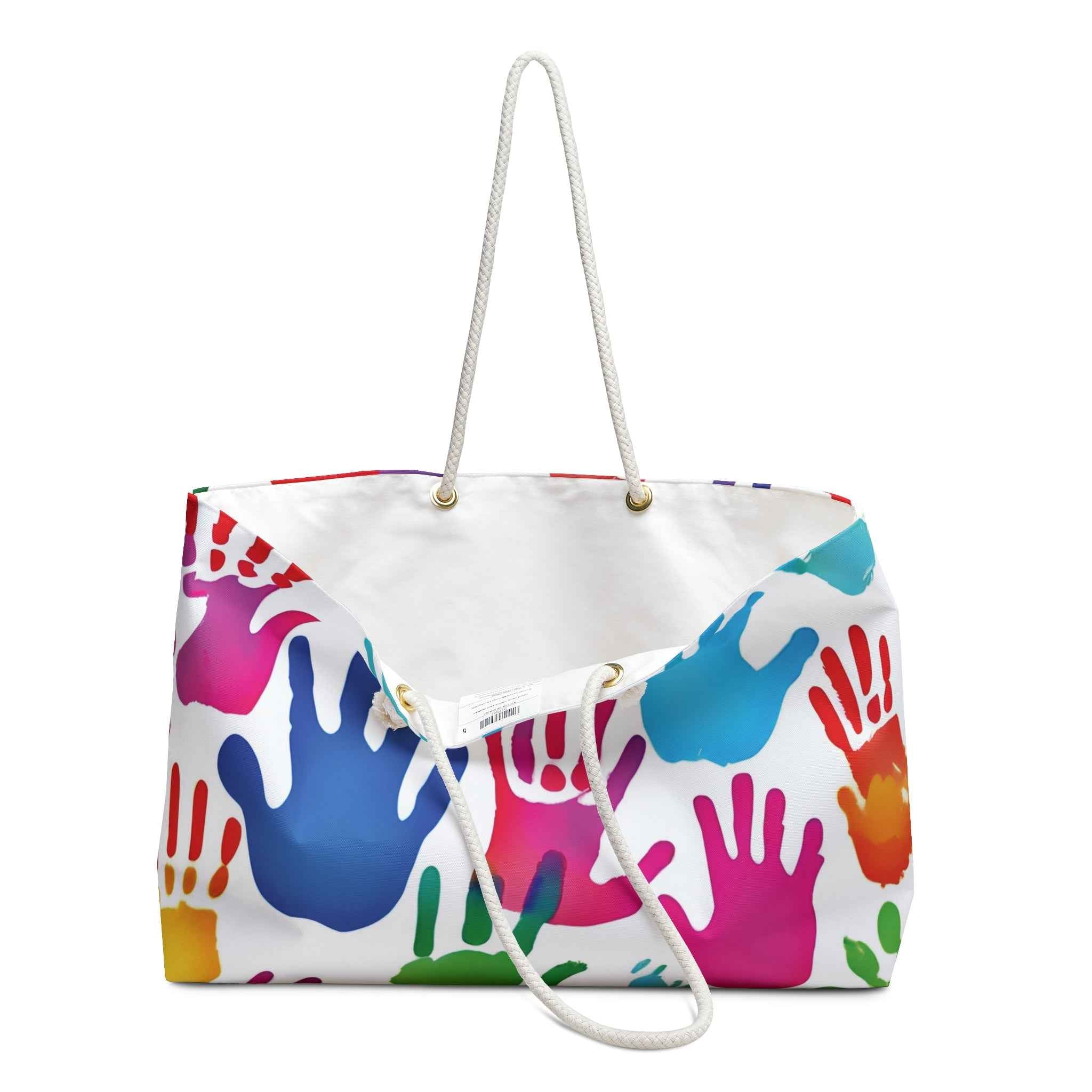 Colorful Handprint Pattern Weekender Bag | Rainbow Palm Print Tote | Busy Moms Carryon