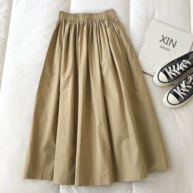 Solid Color Women Workwear Pleated Midi Skirt