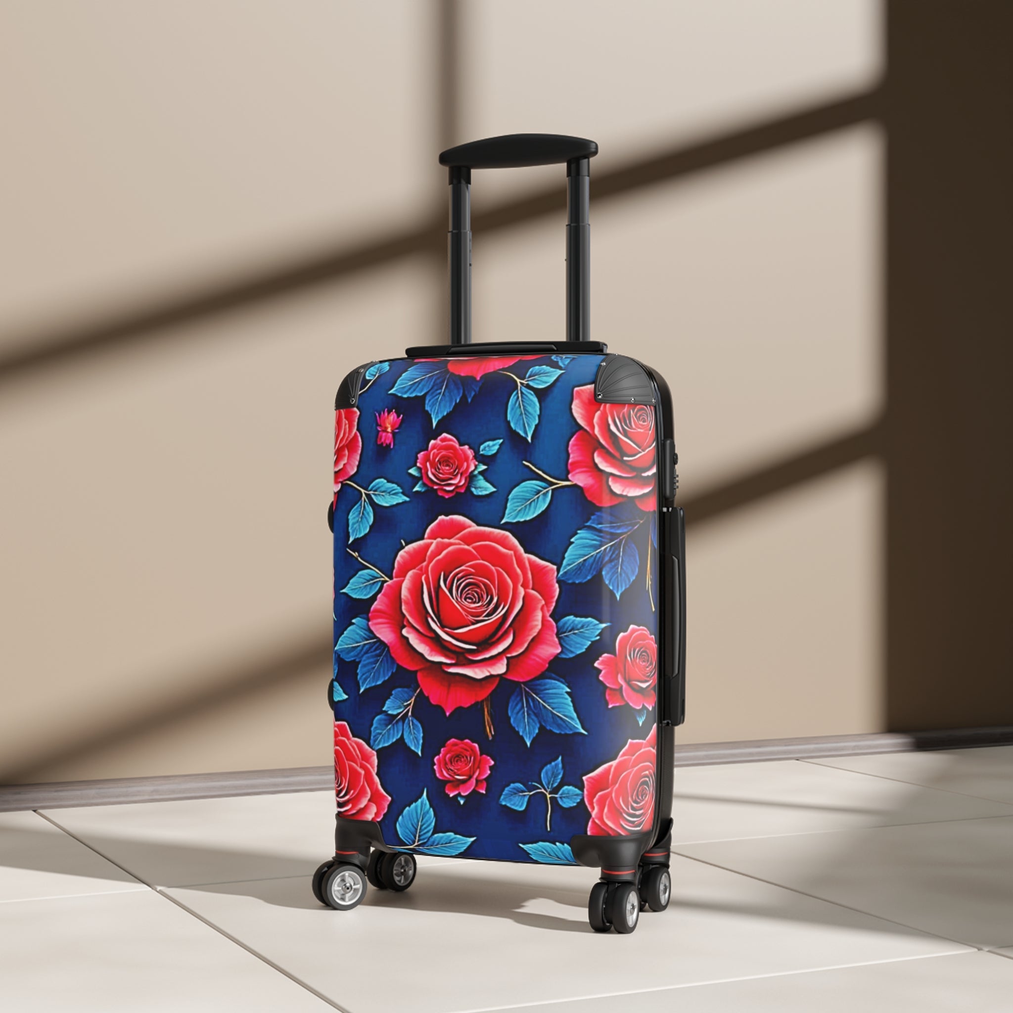 Floral Rose Carry-On Suitcase — Vibrant Red Roses on Navy Travel Luggage