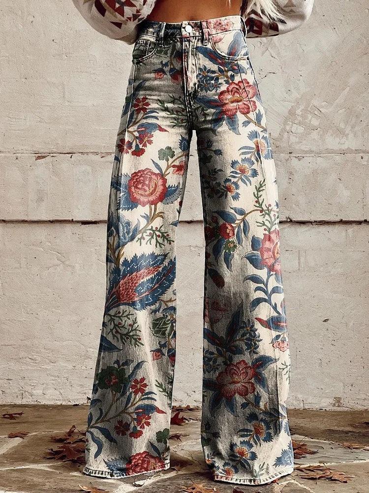 Graphic Printed Pants for Women – Stretch Denim Look Casual Trousers