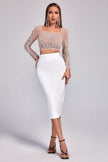 2-Piece Beaded Mesh Long-Sleeve Top and Midi Pencil Skirt Work Set