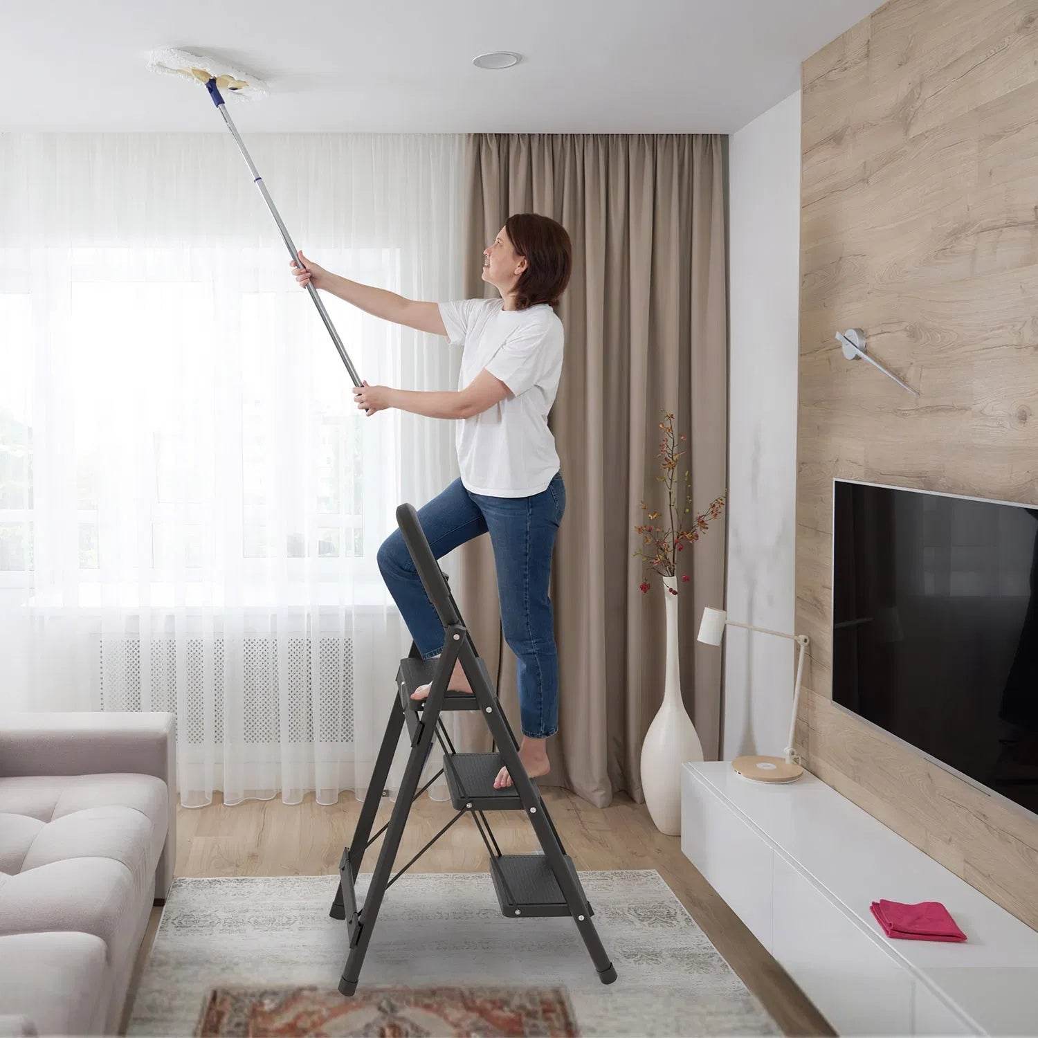 3-Step Folding Ladder, 330lbs Load Capacity, Lightweight 6.94lbs With 1.57in Folding Width, Heavy Duty Steel Construction, Non-Slip Pedals & Feet, Safety Lock, Multi-Use For Home Kitchen Living Room