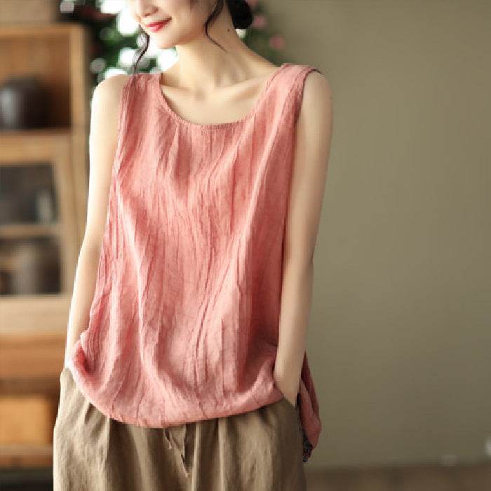 Casual Cotton And Linen Art Solid Color Loose-fitting Versatile summer blouse Top  For Women