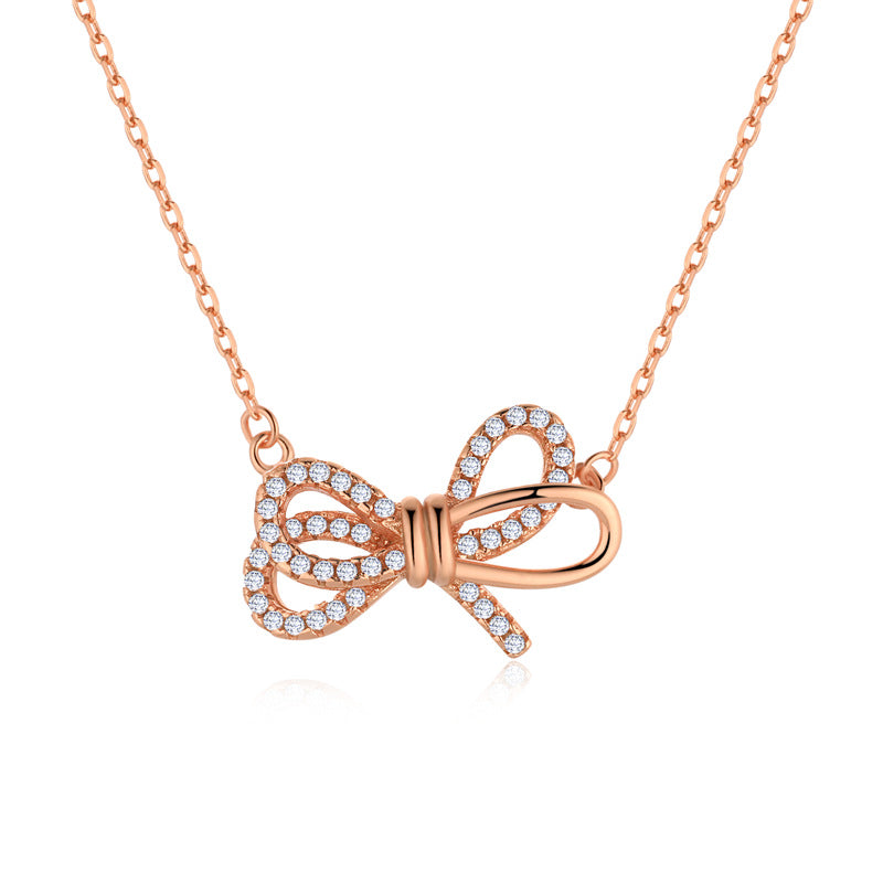 Women's Bow Tie Pendant Collarbone Necklace – Rose Gold & White Gold