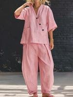 Women's Cotton Linen 2 Piece Outfit V-Neck Top & High-Waist Trousers