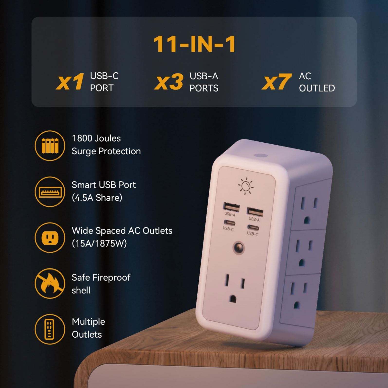 7-Outlet Power Bar with 4 USB Ports – IP67 Wall Socket Charger