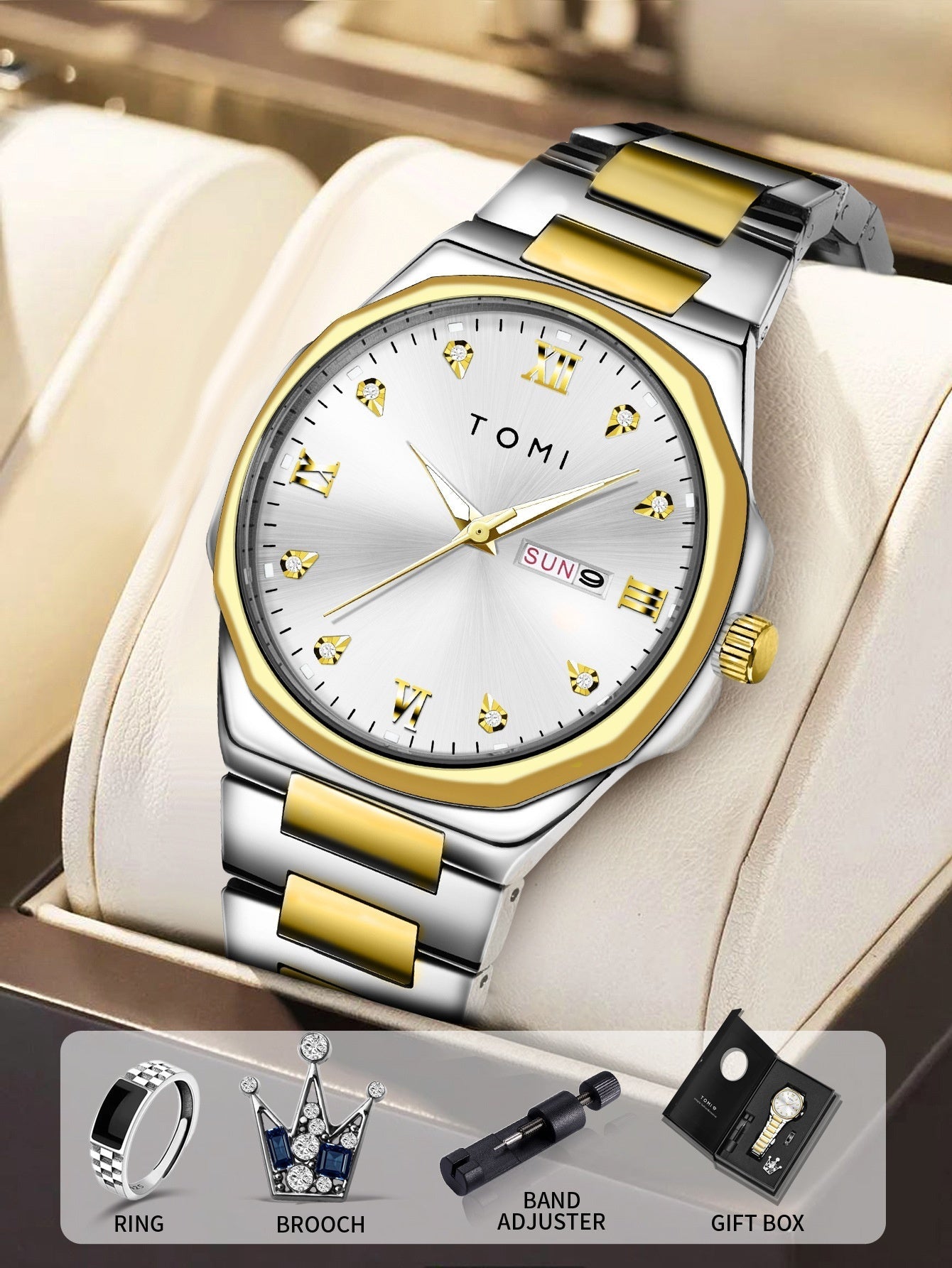 TOMI Diamond Encrusted Quartz Watch for Men – Stainless Steel Dress Watch