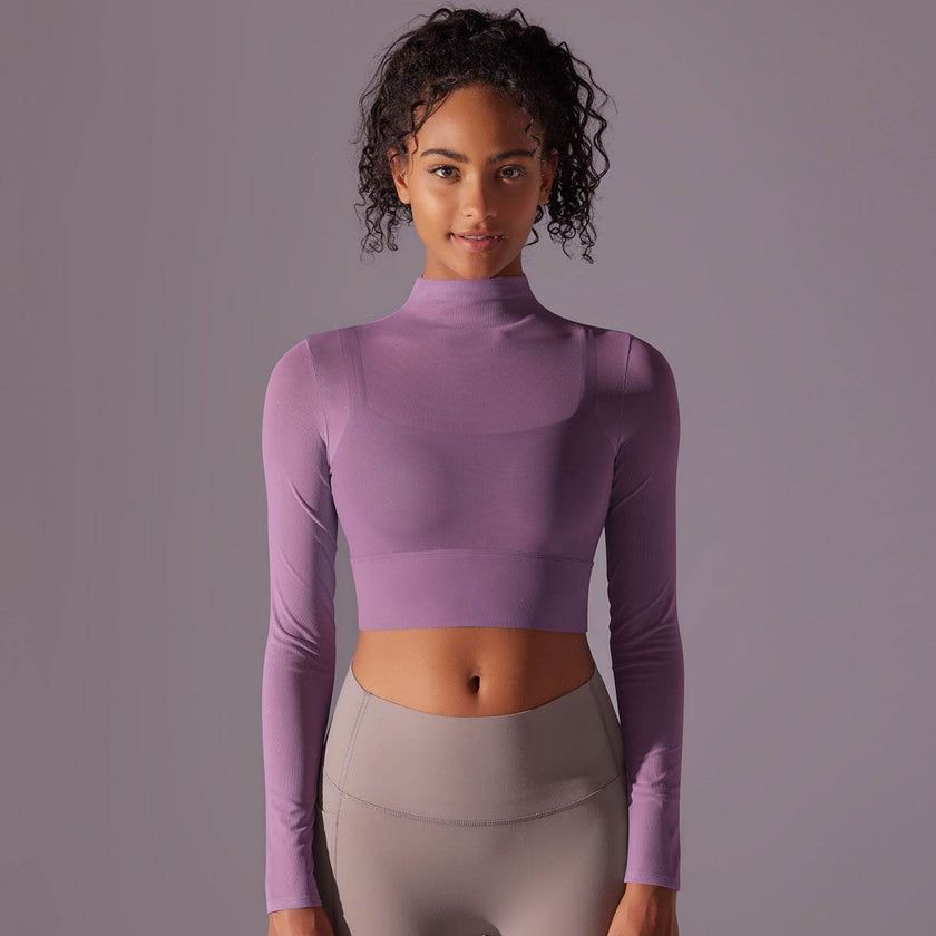 Quick Drying Gym Slim Fit Mesh Turtleneck Long Sleeve Workout Crop Top
