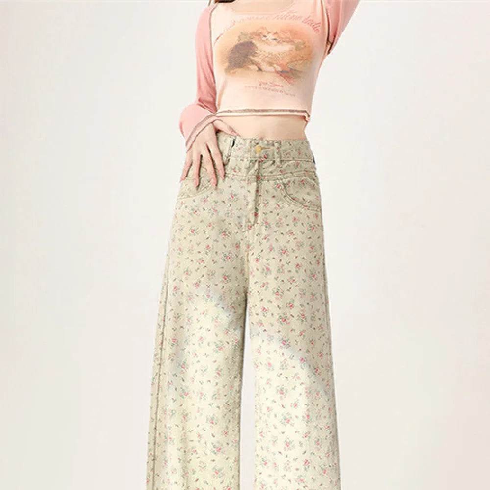 Mint Mambo Green Floral Baggy Jeans Pant For Women