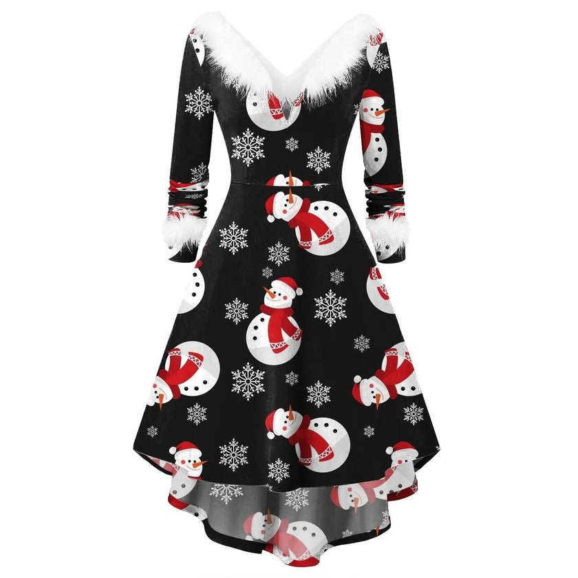 Women's Christmas Long Sleeve V-neck Irregular Dress