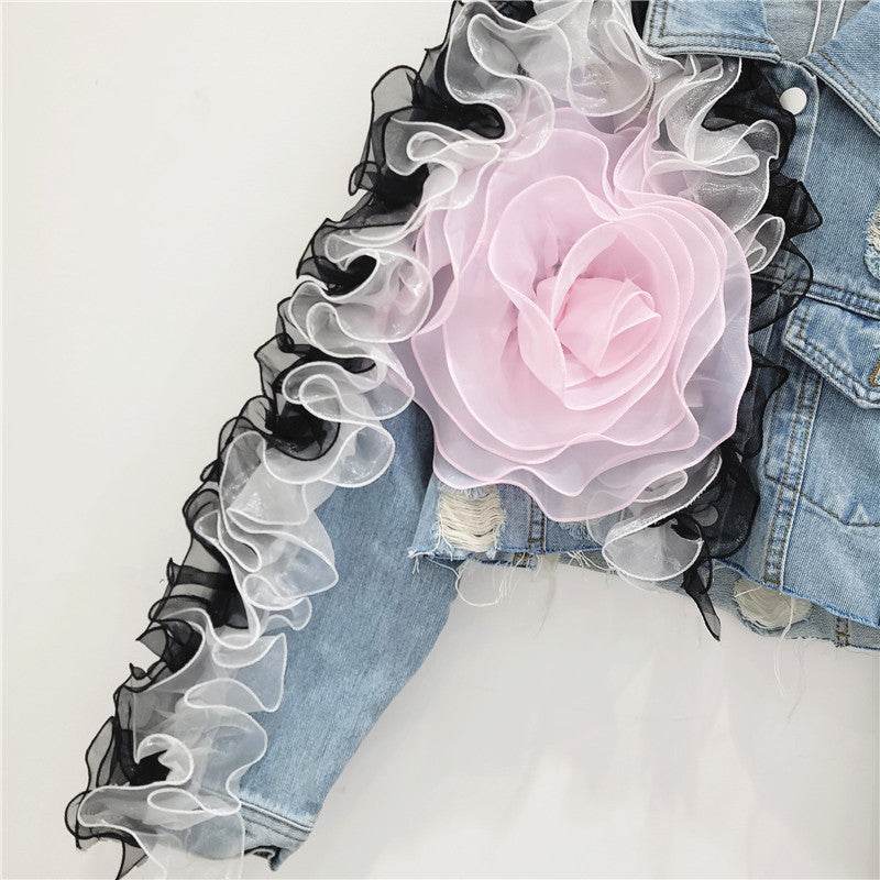 Elegant women fashion embroidered cropped Ripped blue Denim Jacket
