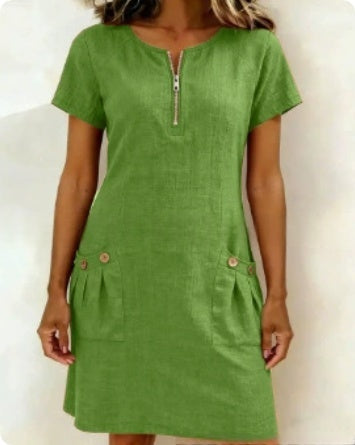 Women's Short-Sleeve Casual Dress with Pockets & Zipper – 12 Colors, S–3XL