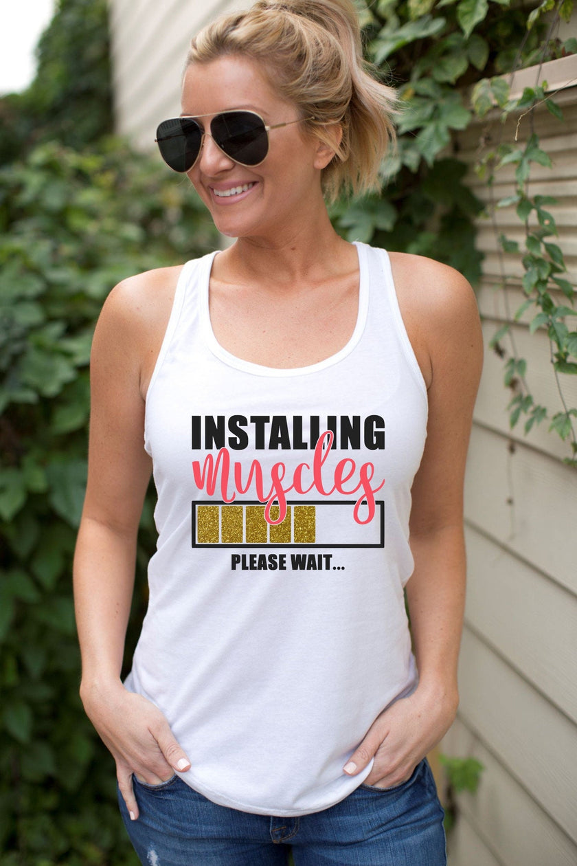 Installing Muscles Please Wait Racerback Tank Top