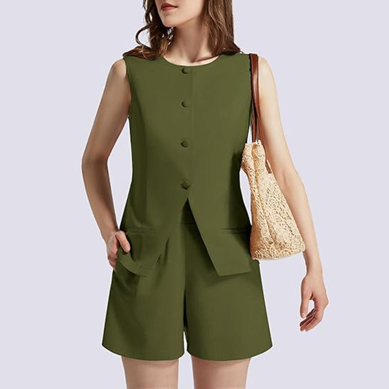 Women's 2-Piece Sleeveless Business Suit Set – High-Waisted Trousers & Button Top | Canada & USA