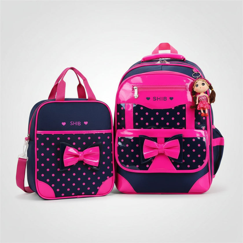 Girls Bow School Backpack Set – Pink, Black & Rose | Small & Large