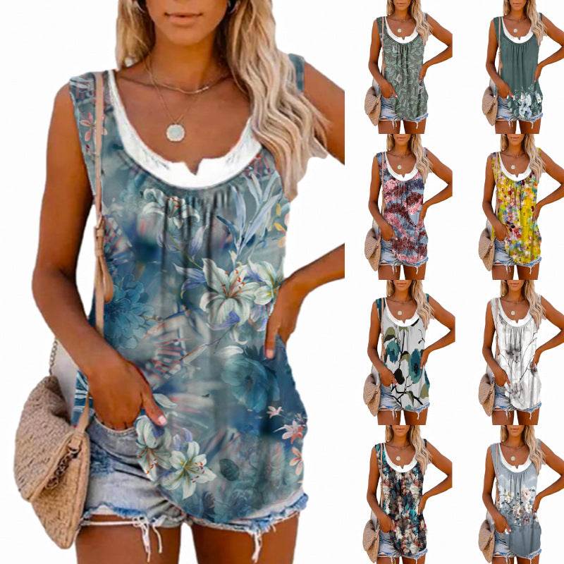 Casual Spring And Summer Tops Printed Sleeveless Pleating Vest T-shirt For Women