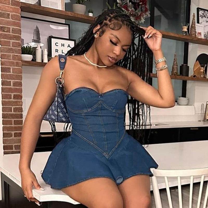 Fashion Tube Top Denim short mini Dress for Club