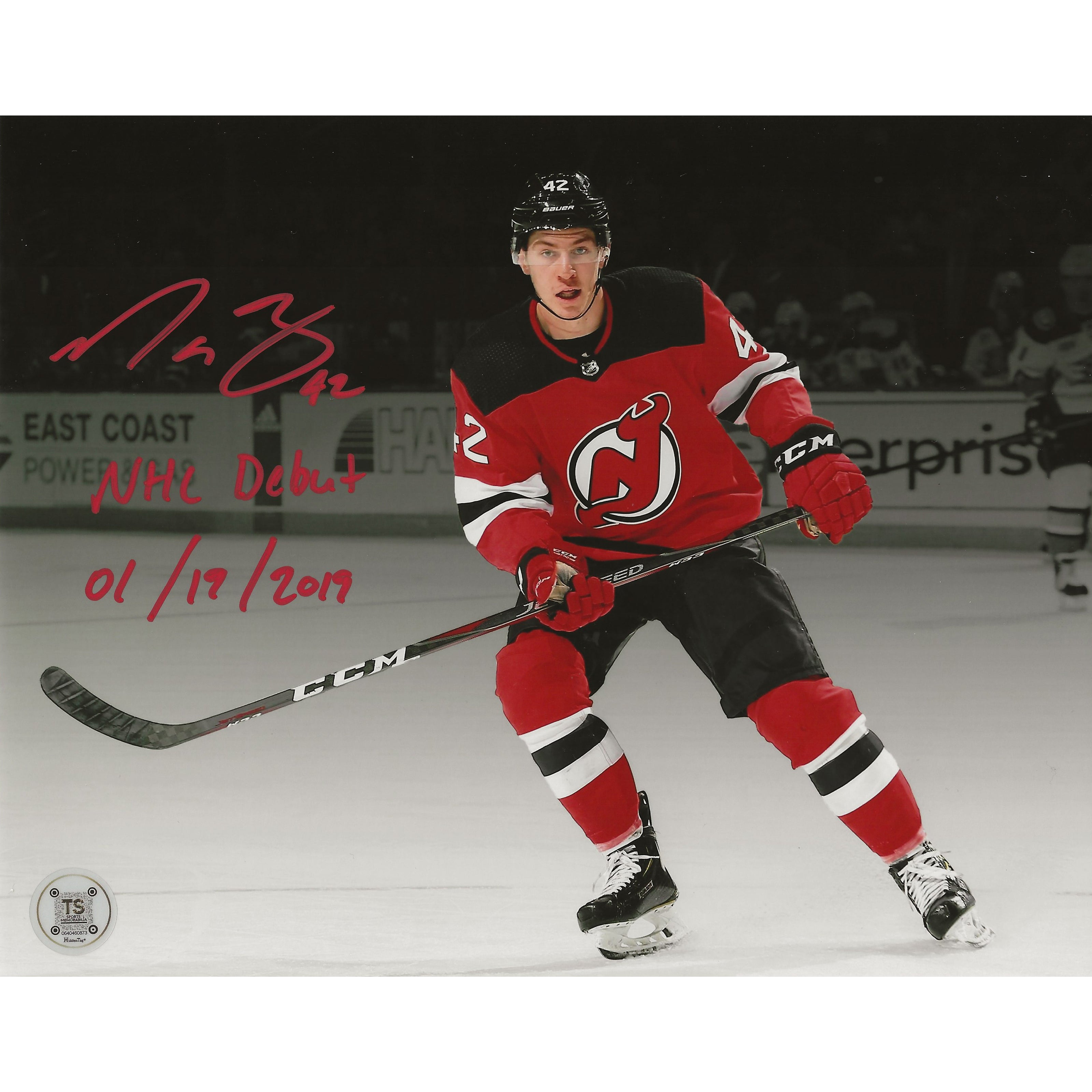 Nathan Bastian Autographed New Jersey Devils Spotlight NHL Debut Inscribed 
