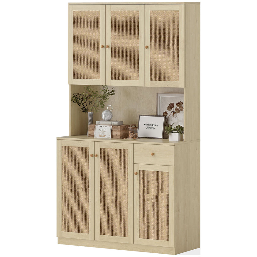Milan Boho Kitchen Pantry Cabinet with Decorative Rattan Doors-Natural