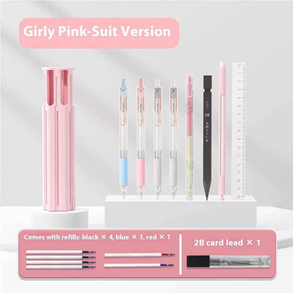 Portable 6-Pen Mechanical Pencil Set with Case – Simple & Suite Versions (White, Blue, Pink)