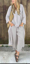 2pcs Long-sleeved Suits Loose V-neck Long Top And High Waist Wide Leg Pants With Pockets Women's Clothing