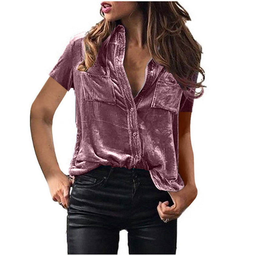 European And American Spring And Summer Pocket Short Sleeve Suede Shirt For Women