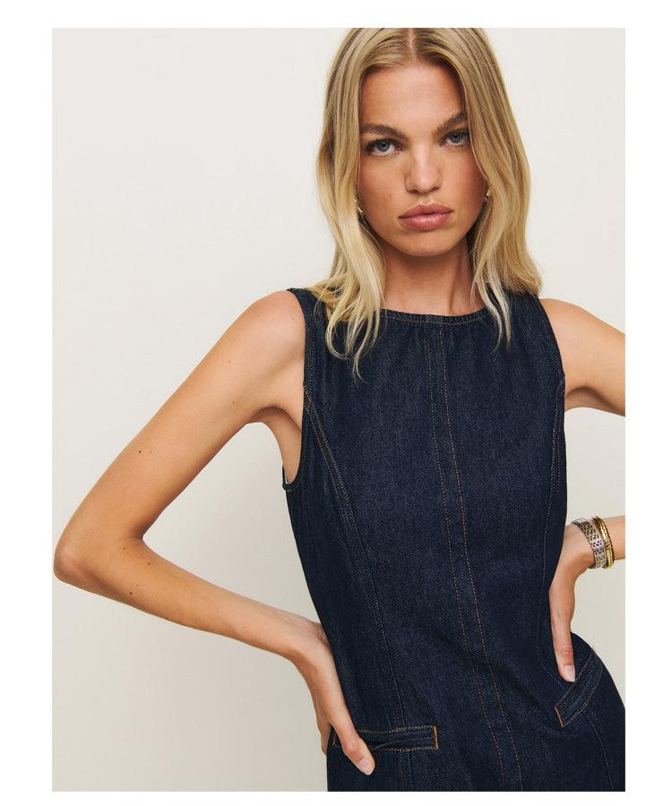 French-Style Slim Fit Denim Midi Dress – Sleeveless Round Neck Cotton Denim Dress