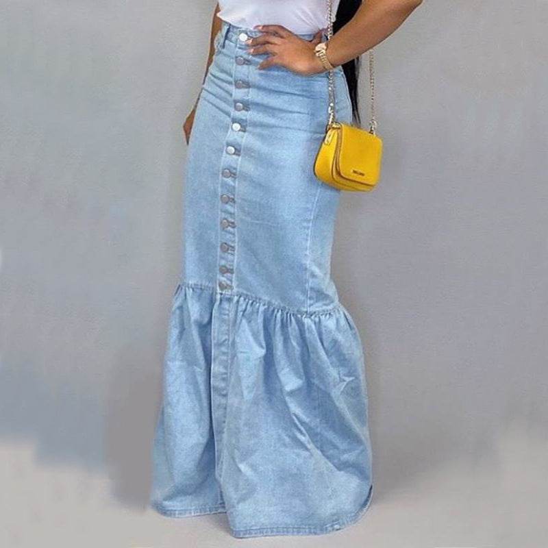 Women's Slim-fit Peplum Patchwork Long Denim Skirt fish tail style Jeans Skirt