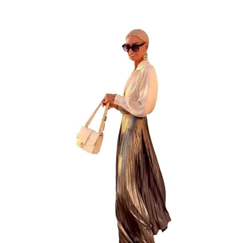 Satin Long Sleeve Shirt & Glossy pleated maxi Skirt 2pcs