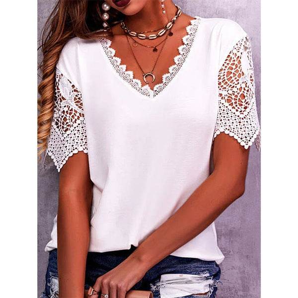 Summer Lace Tops Loose V Neck Short Sleeve Casual top