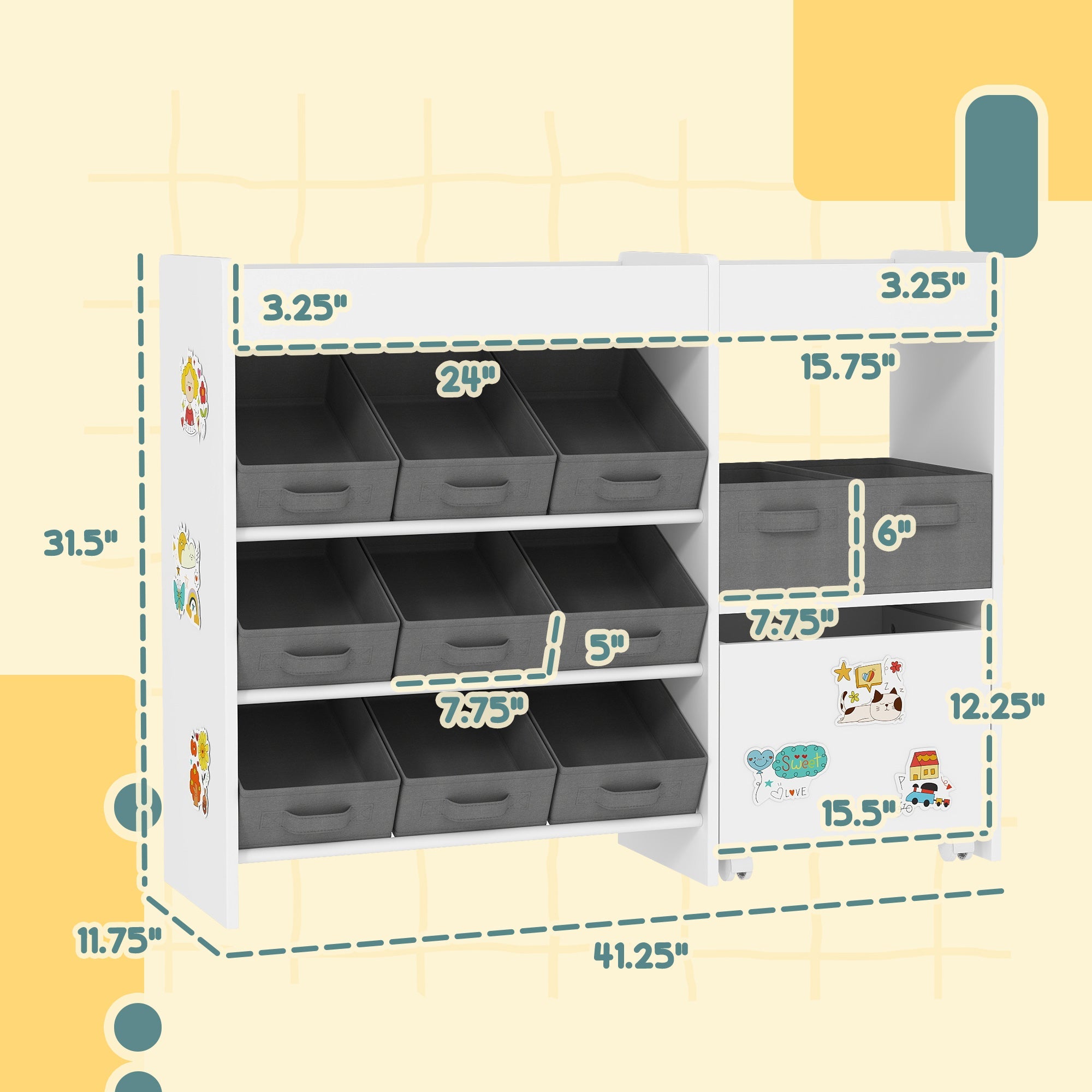 Qaba Kids Storage Unit, 11 Fabric Bins, MDF Cabinet, Top Shelves, 3 Stickers, ASTM Certified, Ages 3-8, White