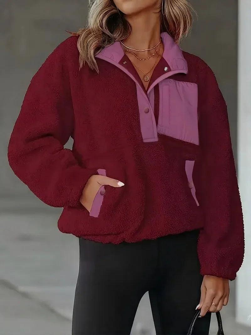 Women's Fashion Sweatshirt Fleece Stand Collar Zipper Pocket Top