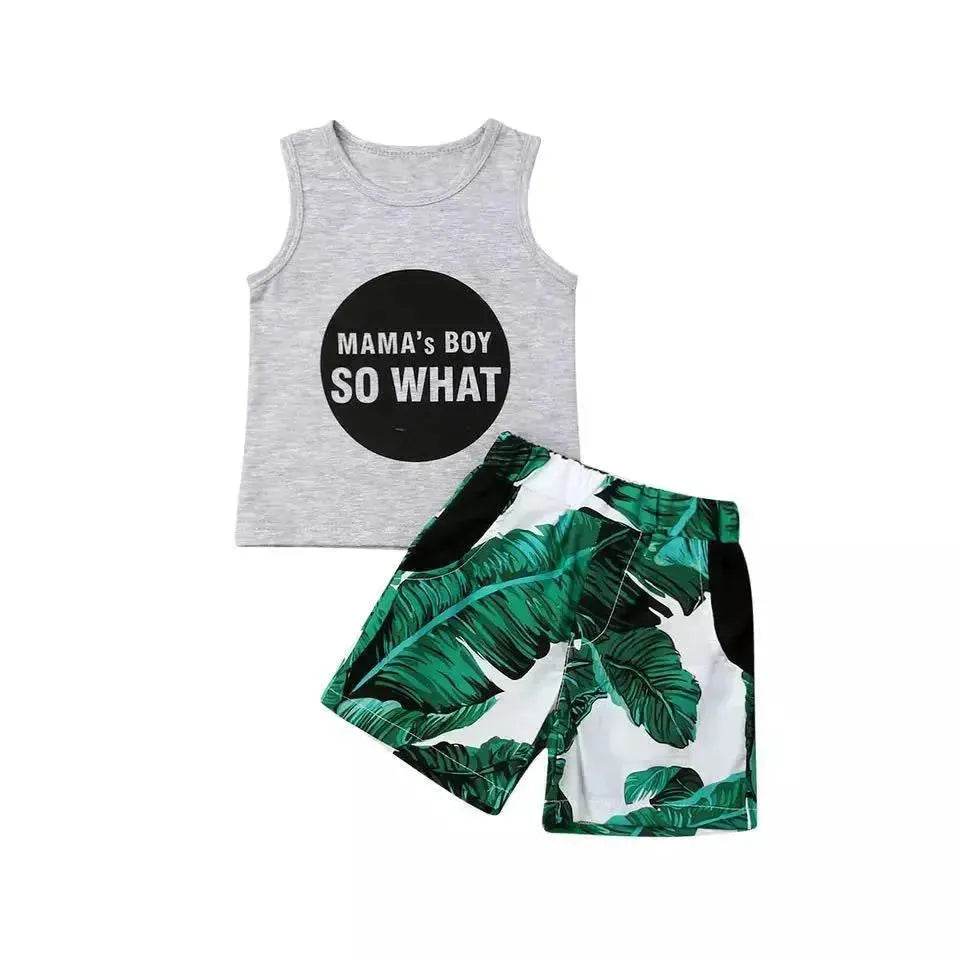 Gray Letters Vest Green Leaf Shorts Suit Casual two piece for boys
