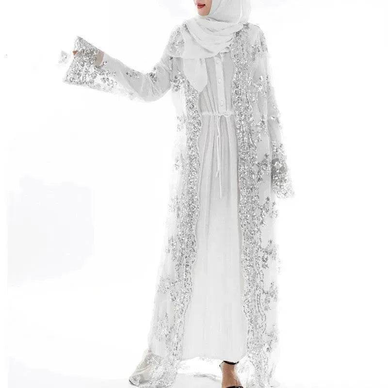 White Chiffon Sequin Embroidery Dubai  Abaya Kimono  Middle East ArabClothing
