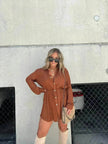 Elegant Women's Long Sleeve  Button down Shirt Dress  Fashionable Short Outfit Set Two piece Suit  Set