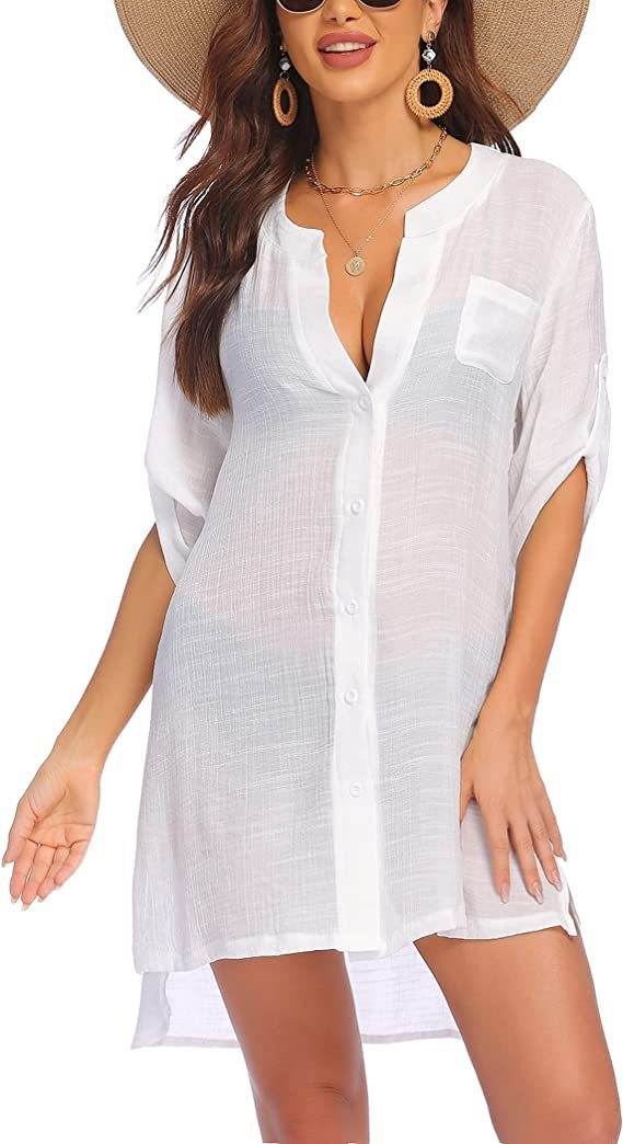 Women's Linen Beach Shirt Dress – Lightweight Sun Protection Cover-Up (S–3XL, 5 Colors)
