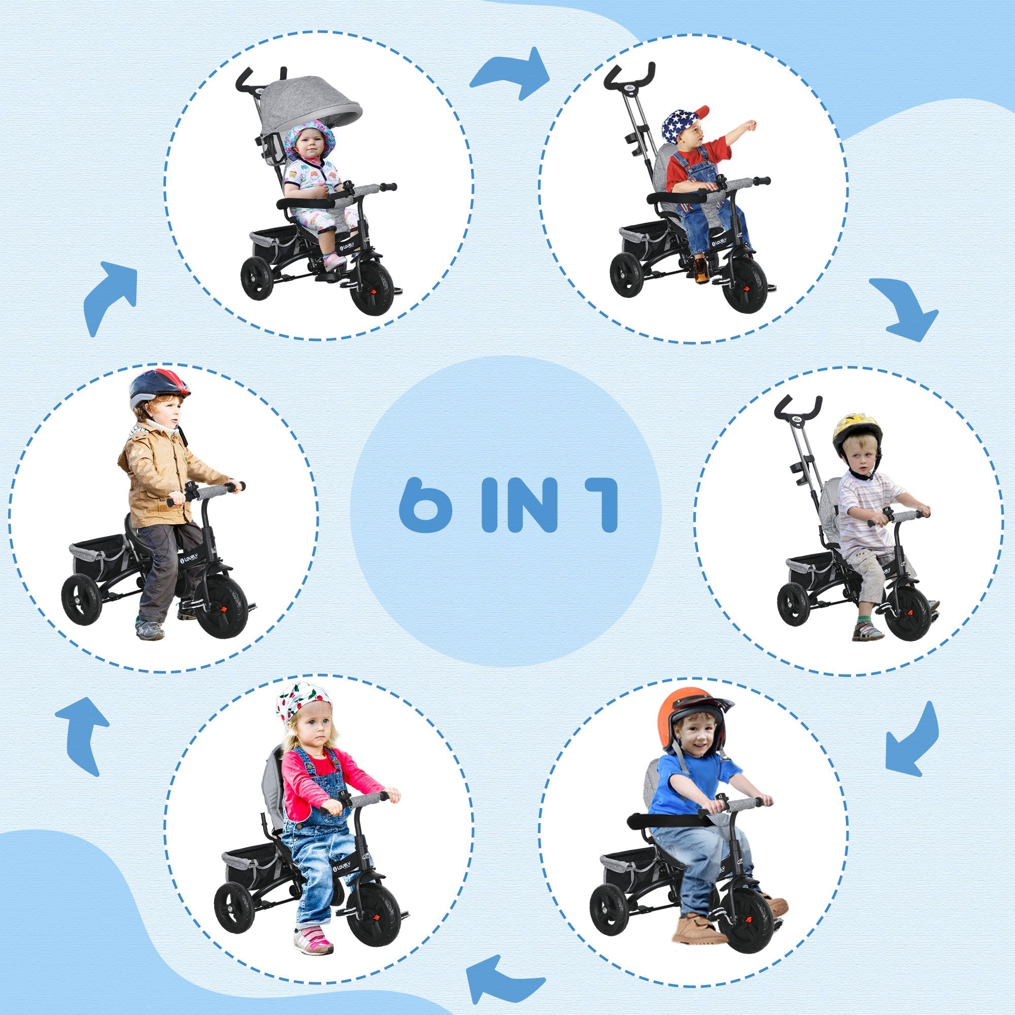 Qaba 4-in-1 Convertible Toddler Tricycle Stroller with Canopy Basket Safety Harness for Kids 12-60 Months Grey