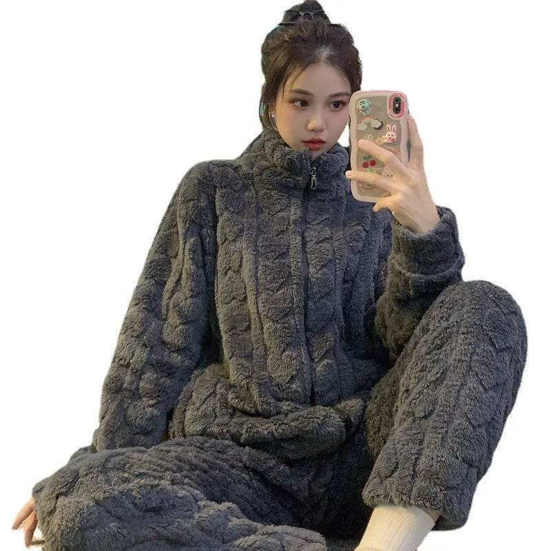 Woolen Pajama – Soft Flannel Stand Collar Cardigan Set for Home & Sleep