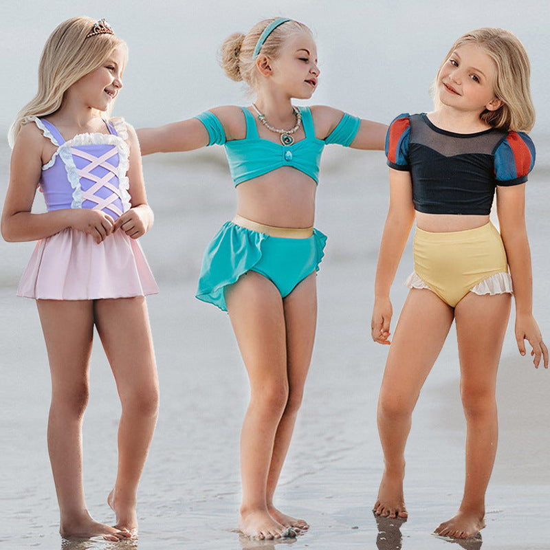 Kids Two-Piece Swimsuit Set – Girls Polyester Swim Top & Shorts in 5 Styles (Size 100–140)