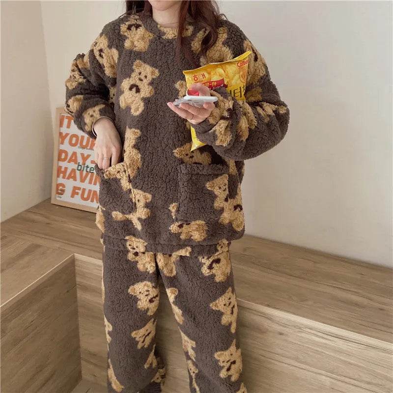 Polar Bear Fleece Winter Home Lounge wear Pajamas Set Women