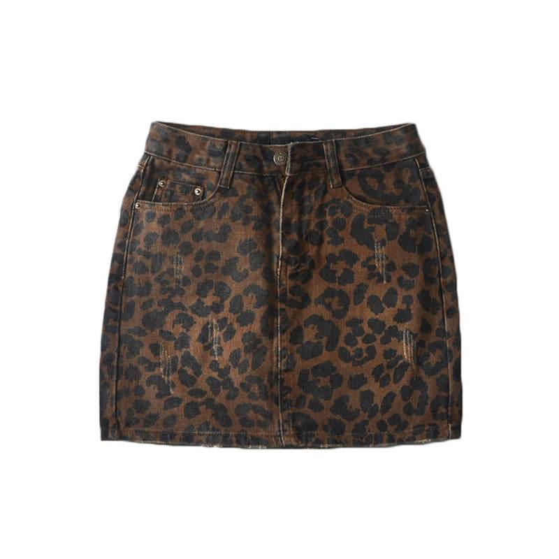 Leopard Print Mini Denim Skirt Women's High Waist Pencil Skirt