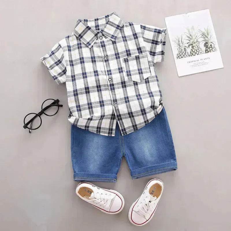 Children's Striped Shirt Denim Shorts Two-piece Set