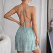 Women Fashion Printed Casual Spaghetti Strap Backless Mini Skater Dress