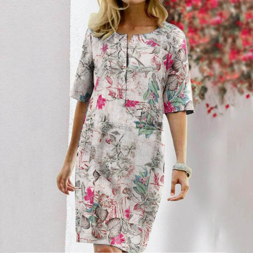 Women's Vintage Floral Print Midi Dress – Slit Round Neck Half Sleeve Summer Dress