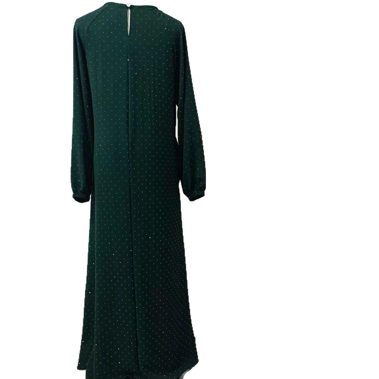 Muslim Rhinestone Dubai Round Neck Pullover Belt Dress