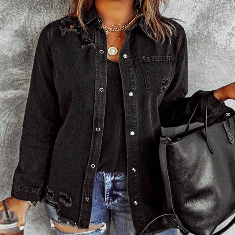 Long Sleeve Jeans Jacket Loose Fit Mid-Length Black