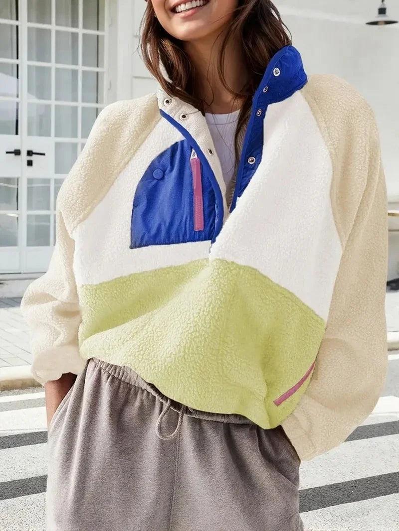 Women's Fashion Sweatshirt Fleece Stand Collar Zipper Pocket Top