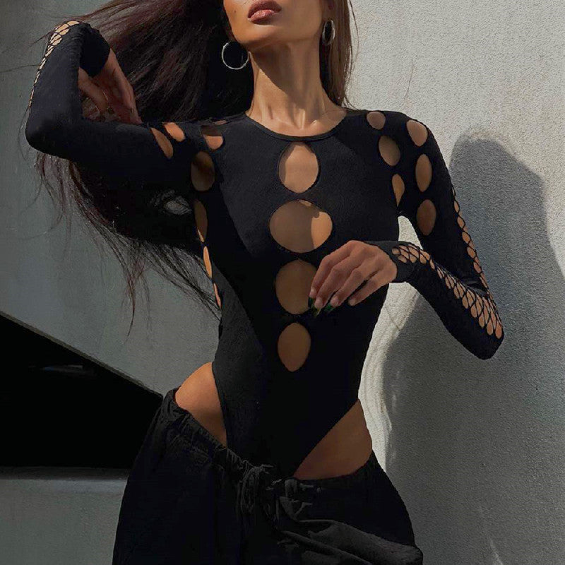 Women's Multi-Hollow Cutout Round Neck Long Sleeve Bodysuit – Black (S/M/L)