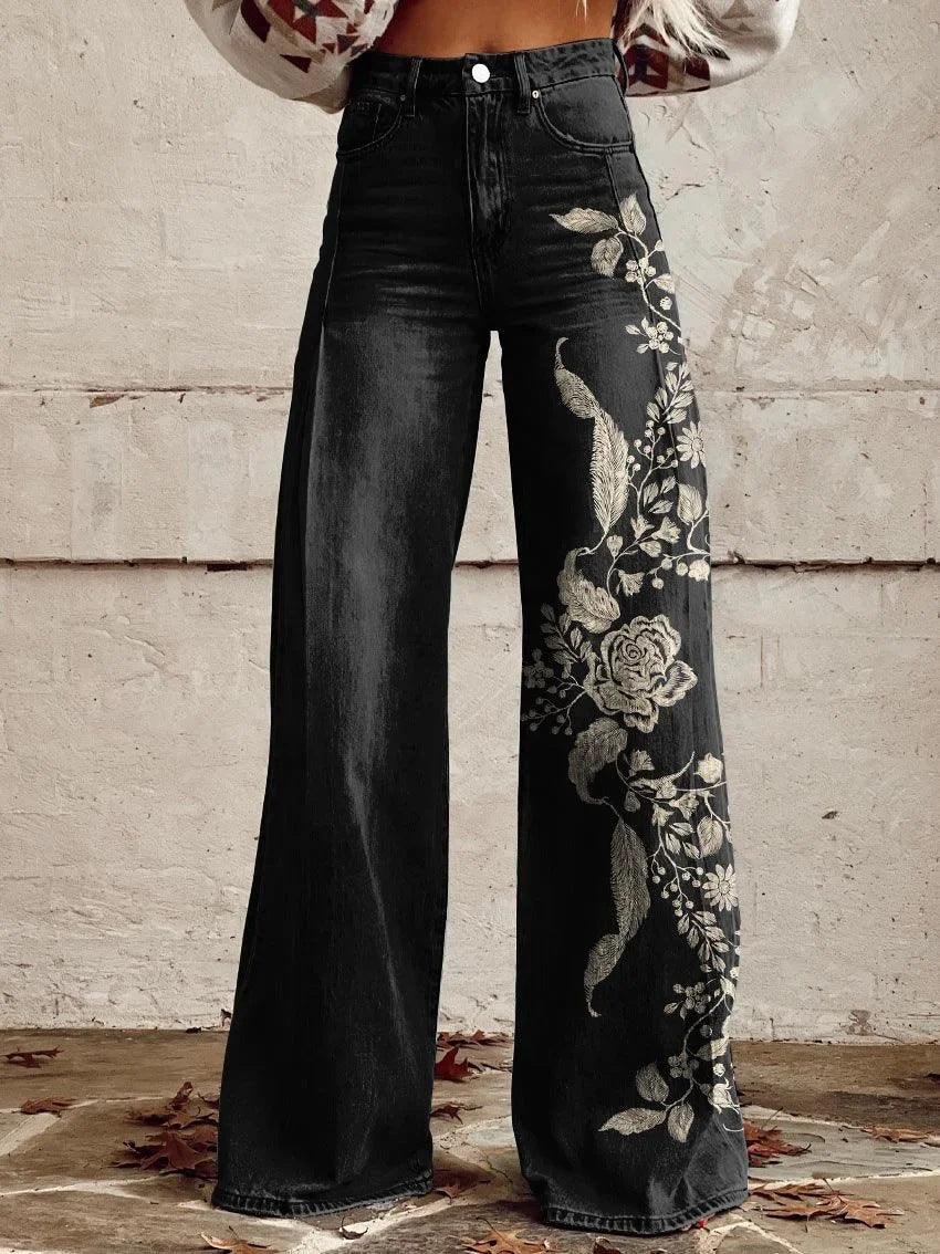 Women's Graphic Print Wide Leg Distressed Denim Pants – Plus Size Straight Leg Casual Jeans